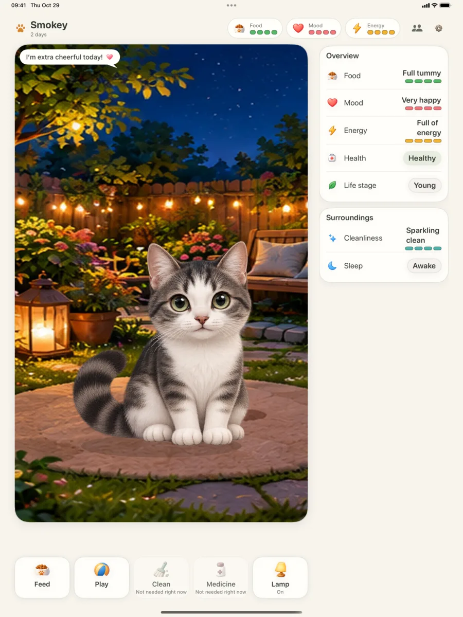Love My Pet on iPad: Smokey, a grey and white kitten, in the garden at night, with the overview panel.