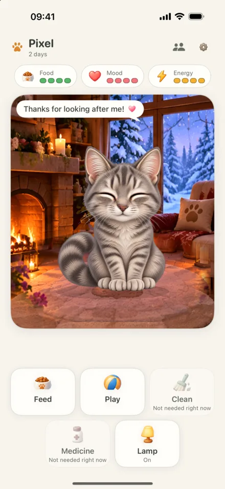 Pixel, a silver kitten, by the fire in Winter cosiness on iPhone.