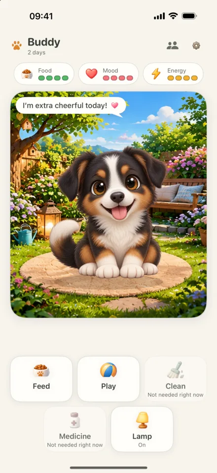 Buddy, a tricolour puppy, in the garden on iPhone.