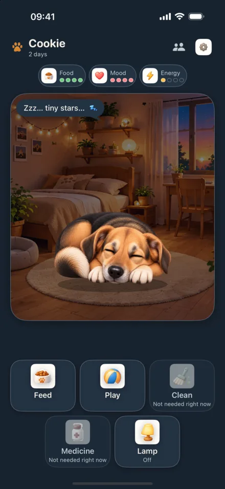 Love My Pet on iPhone: Cookie, a tan puppy, sleeps in the bedroom at night with the lamp off.