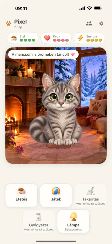 Pixel, az ezüst kiscica a kandalló mellett, Téli hangulatban, iPhone-on.