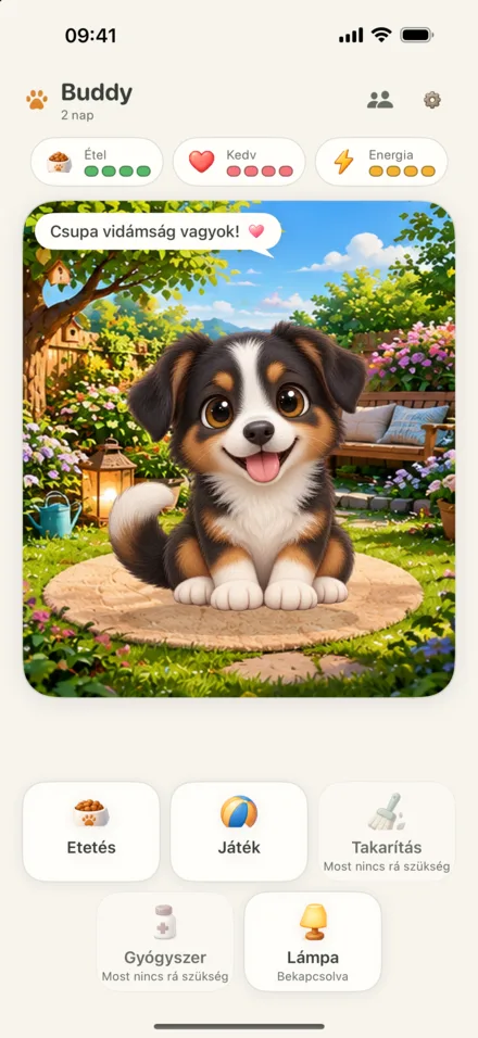 Buddy, a háromszínű kutyus a kertben, iPhone-on.