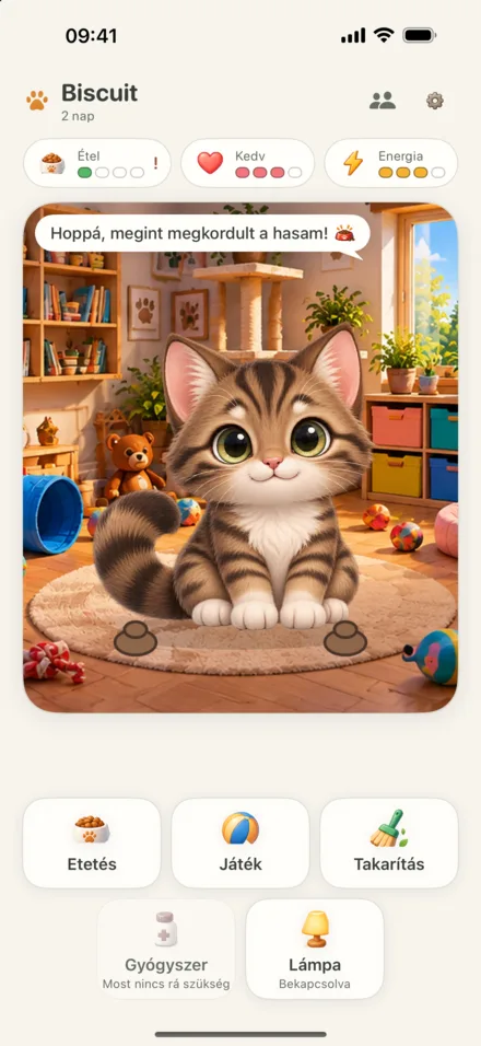Love My Pet iPhone-on: Biscuit, a barna kiscica a játékos szobában ennivalót kér.